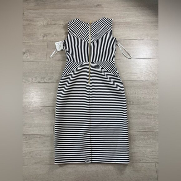 Calvin Klein Striped Navy and White Sleeveless Midi Career Office Dress - Picture 3 of 11
